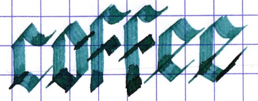 Coffee, written in blackletter calligraphy in blue-green ink.