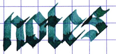 Notes, written in blackletter calligraphy in blue-green ink.