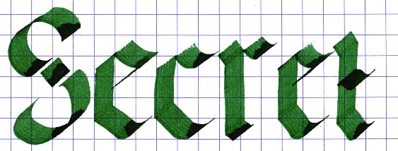 Secret, written in blackletter calligraphy in emerald-green ink.